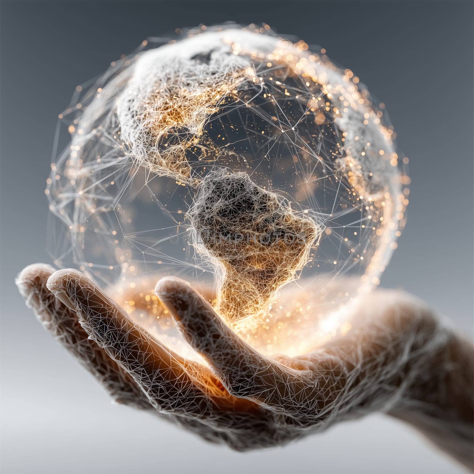 Abstract 3D rendering of Earth held in a human hand, formed by glowing mesh lines and network nodes, symbolizing technology, data, and global connectivity.