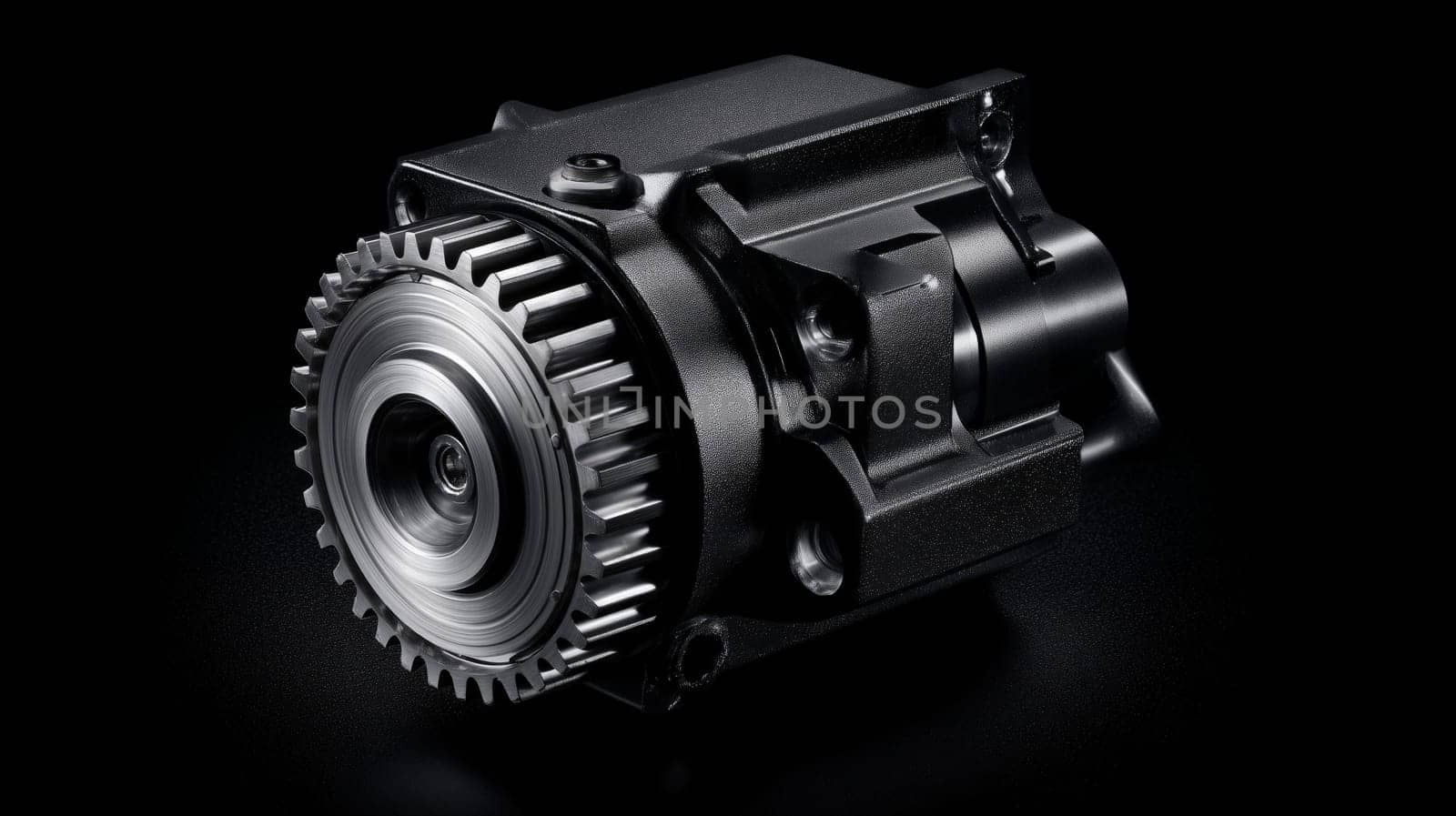 A detailed close-up of a mechanical automotive gear, showcasing its intricate design and precision, with a dark background emphasizing its details.