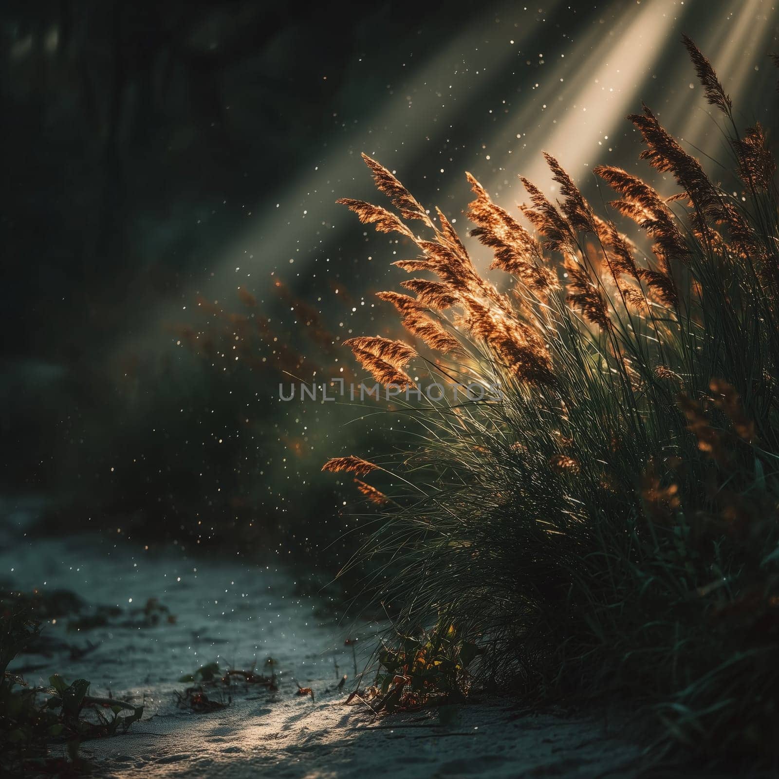 Golden light from the setting sun highlights tall beach grass and drifting particles above a sandy path, creating a tranquil and ethereal natural scene.