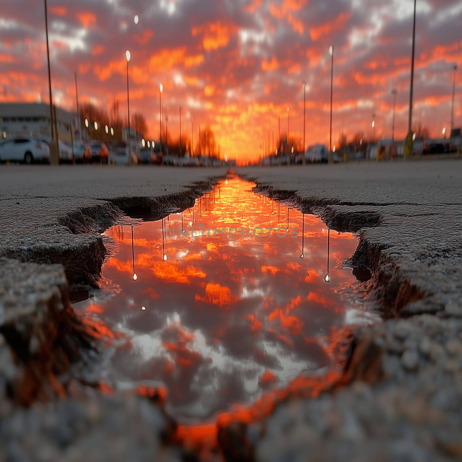 A dramatic sunset reflected in a puddle on a city street, with vibrant clouds and streetlights mirrored in the water.