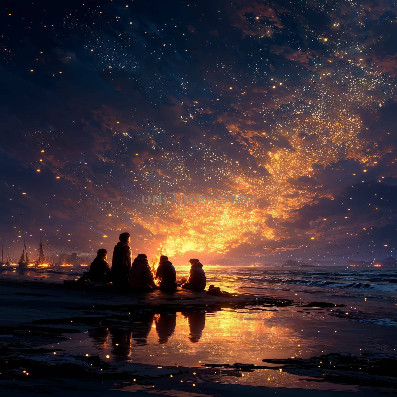 Group of people sitting on the beach at night near a large bonfire, with sparks rising into the sky and light reflecting on wet sand and water.
