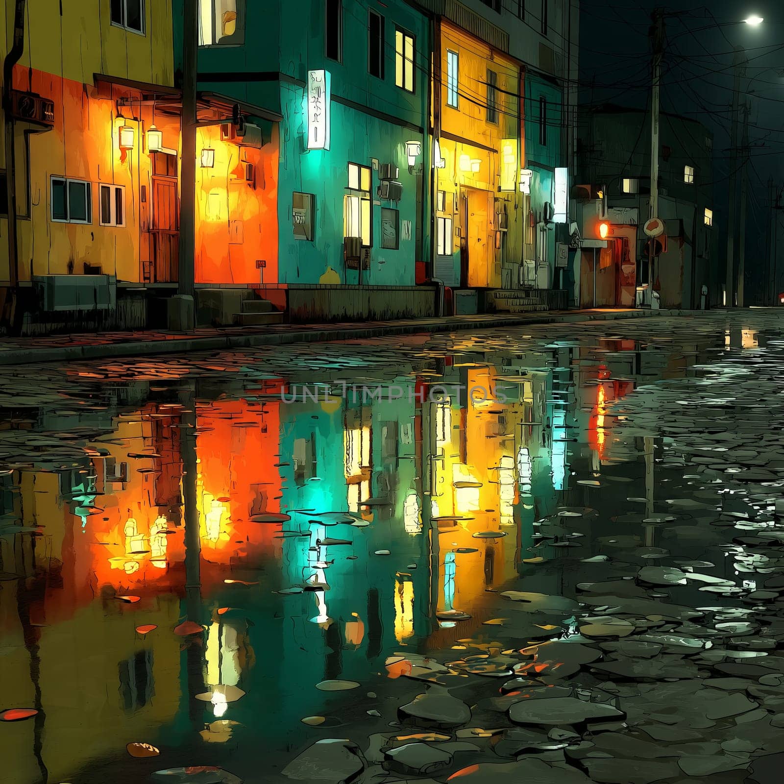 Nighttime city street with glowing neon-lit buildings reflected in wet puddles. Vibrant colors and quiet urban atmosphere after rain create a cinematic mood.