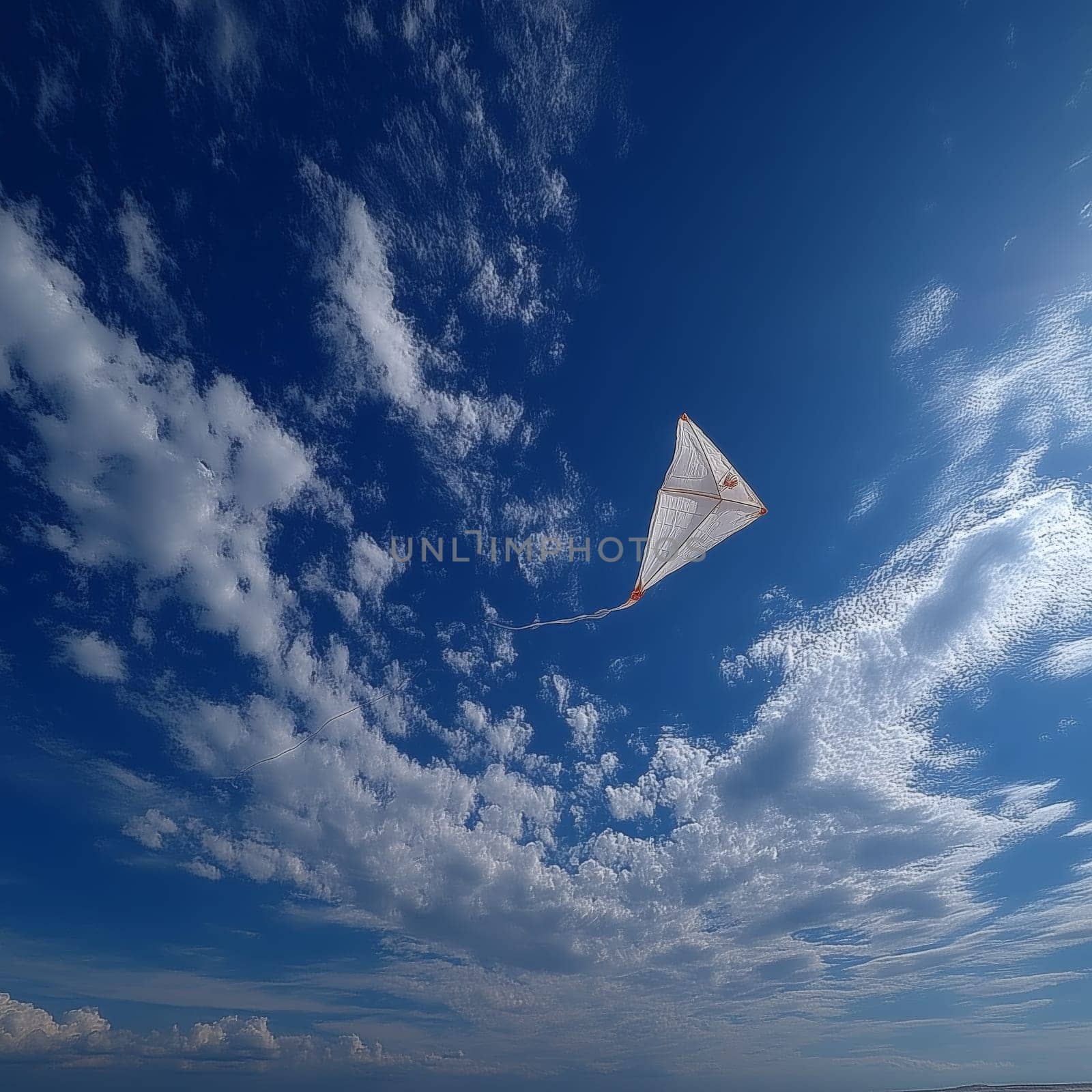 A white kite glides gracefully across a bright blue sky filled with soft, wispy clouds on a breezy day.