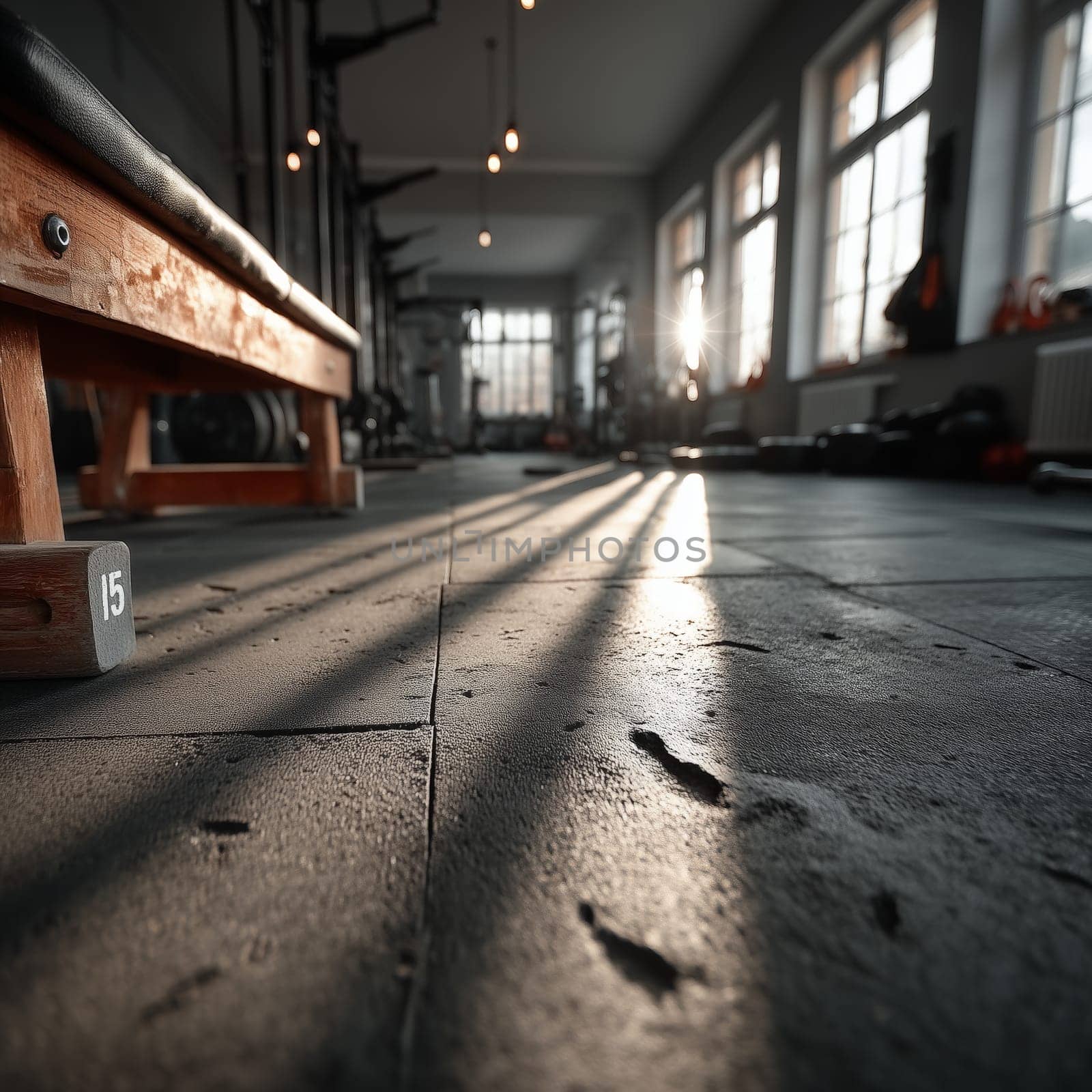 A low-angle shot of a gym bench with sunlight casting long shadows on the floor, highlighting the peaceful yet energetic atmosphere of the fitness space.