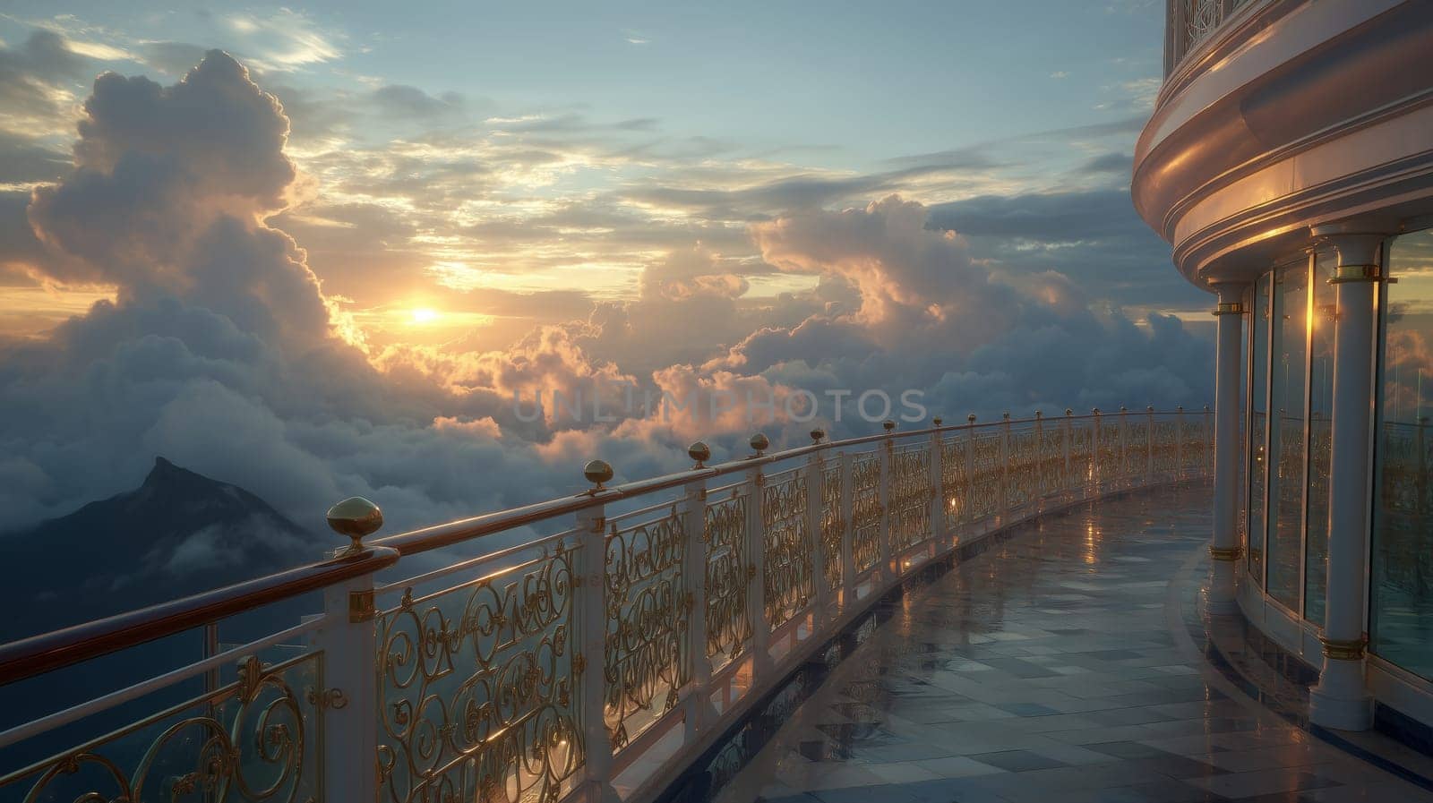 A breathtaking view of a sunset from a luxury cruise ship balcony, with a clear sky, clouds, and glistening ocean below.
