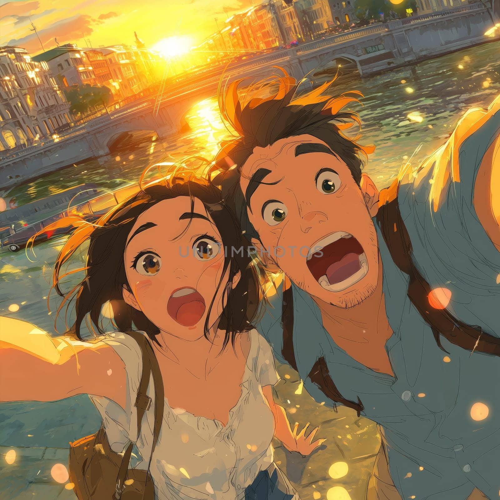 Excited animated couple taking a selfie by a river during a golden sunset, with wind in their hair and a cityscape in the background.