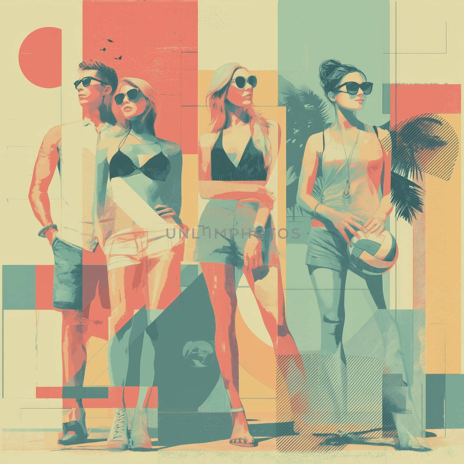 Artistic illustration of fashionable young adults in summer outfits and sunglasses, posed confidently with palm shadows and geometric shapes in a vintage style.