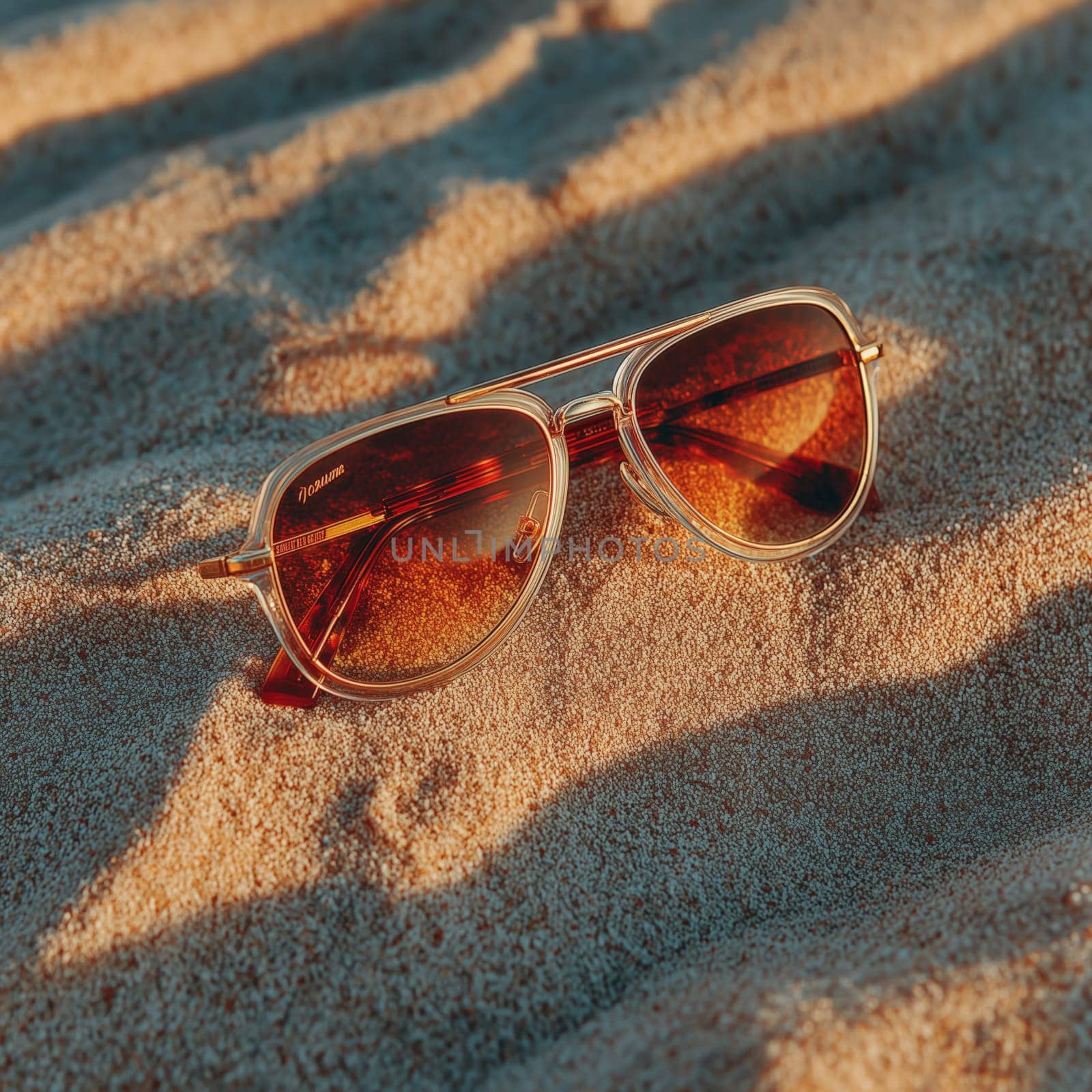 Stylish sunglasses resting on sand, with golden frames and amber lenses, illuminated by warm sunlight, creating a cozy beach atmosphere.