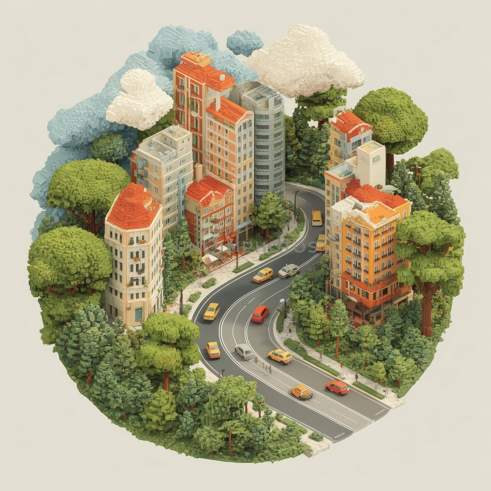 A stylized 3D city with colorful buildings, curving roads, trees, and yellow taxis, surrounded by clouds and nature.