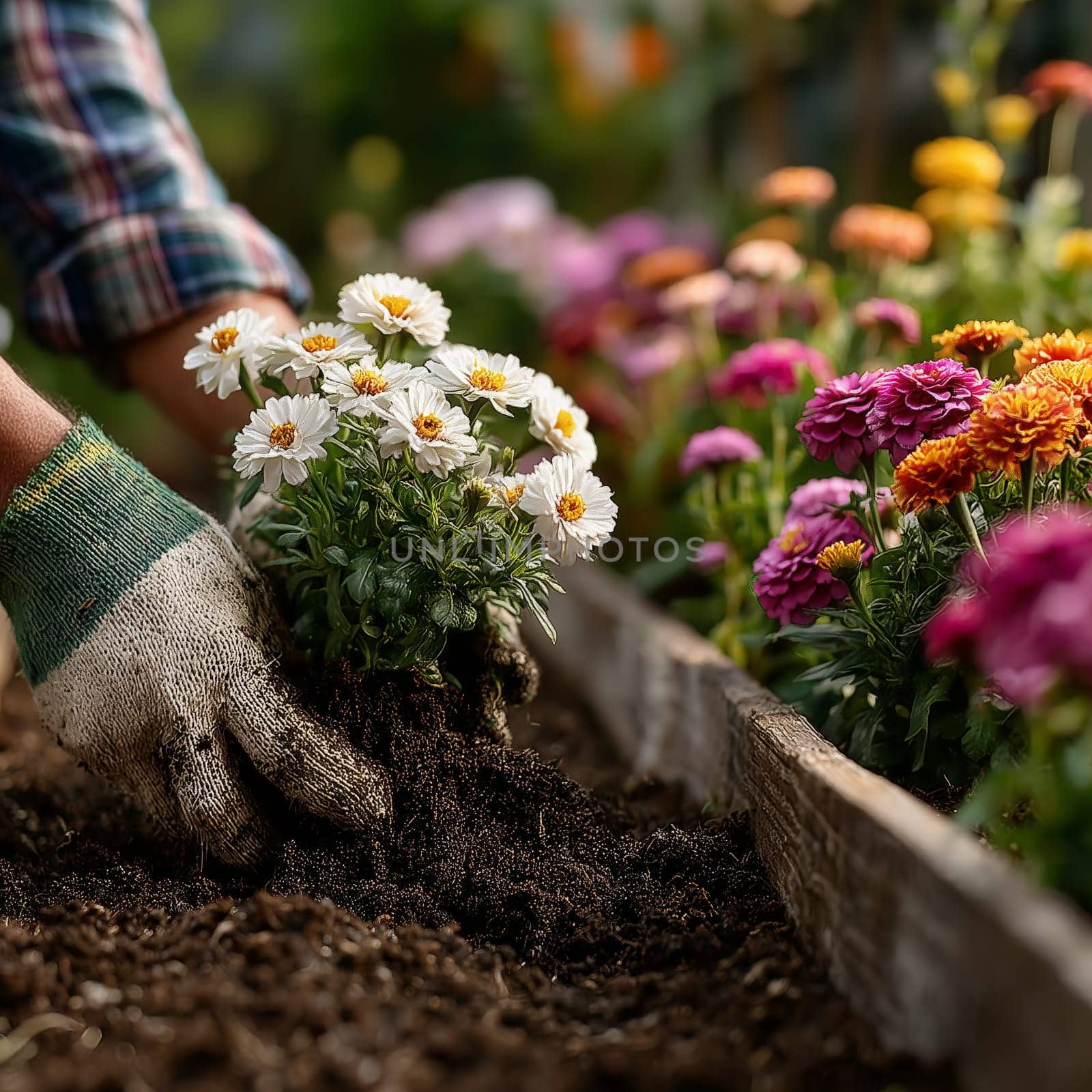 A gardener is planting white daisies into the soil with colorful flowers blooming in the background, showcasing the joy of gardening and outdoor work.
