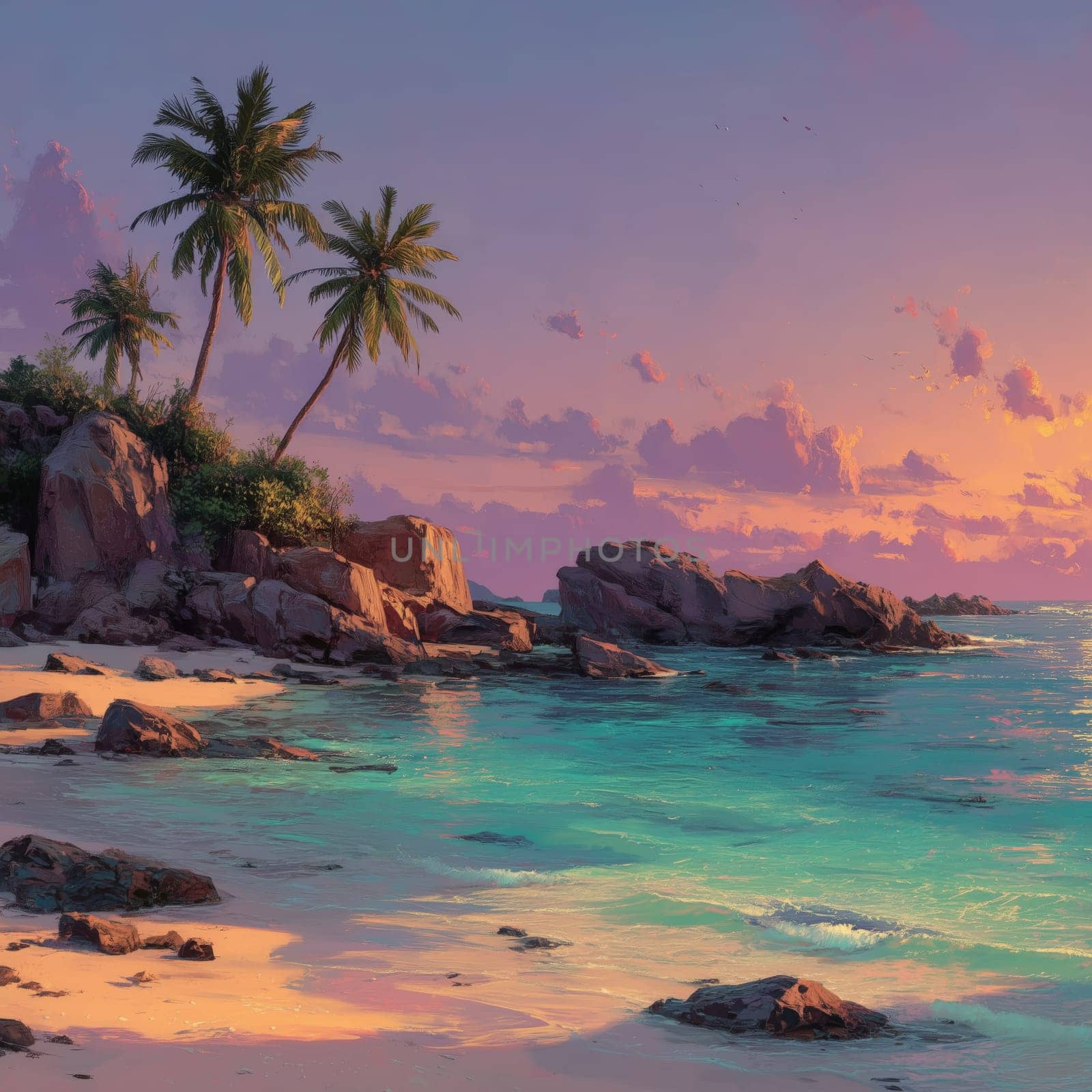 A serene tropical beach scene featuring palm trees, rocks, and calm turquoise waters at sunset, with a vibrant sky and soft waves.