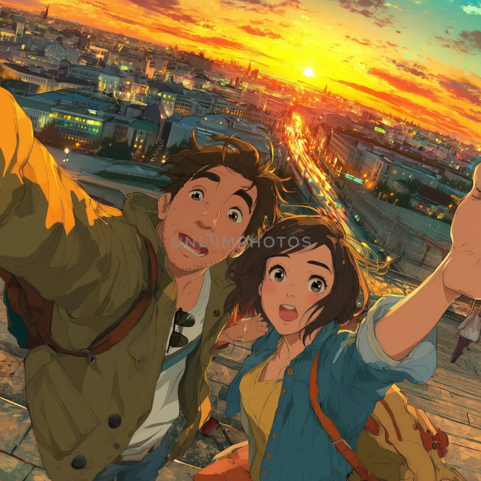Cartoon-style couple takes a cheerful selfie at sunset from a high viewpoint, with city lights glowing and traffic trails below.