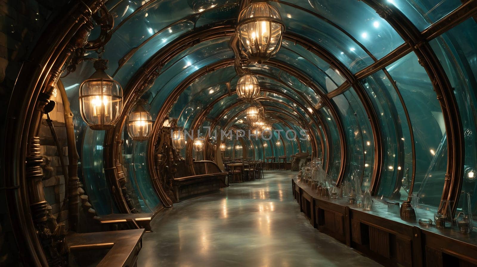 Dark curved tunnel with glass walls, glowing vintage lanterns, and steampunk design details. Immersive and mysterious underwater environment.