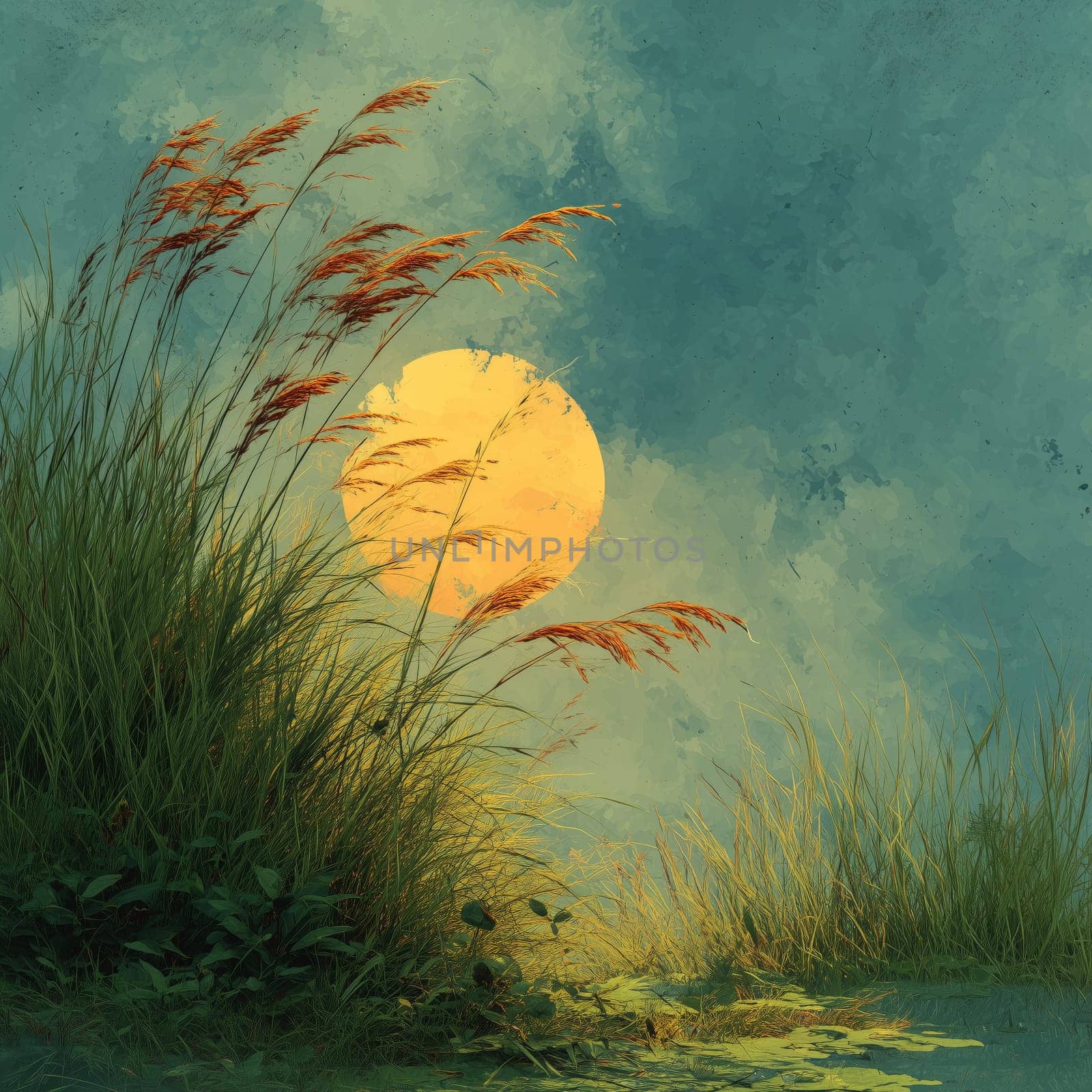 Illustration of tall reeds and pond plants silhouetted against a glowing full moon in a moody, painterly night sky.