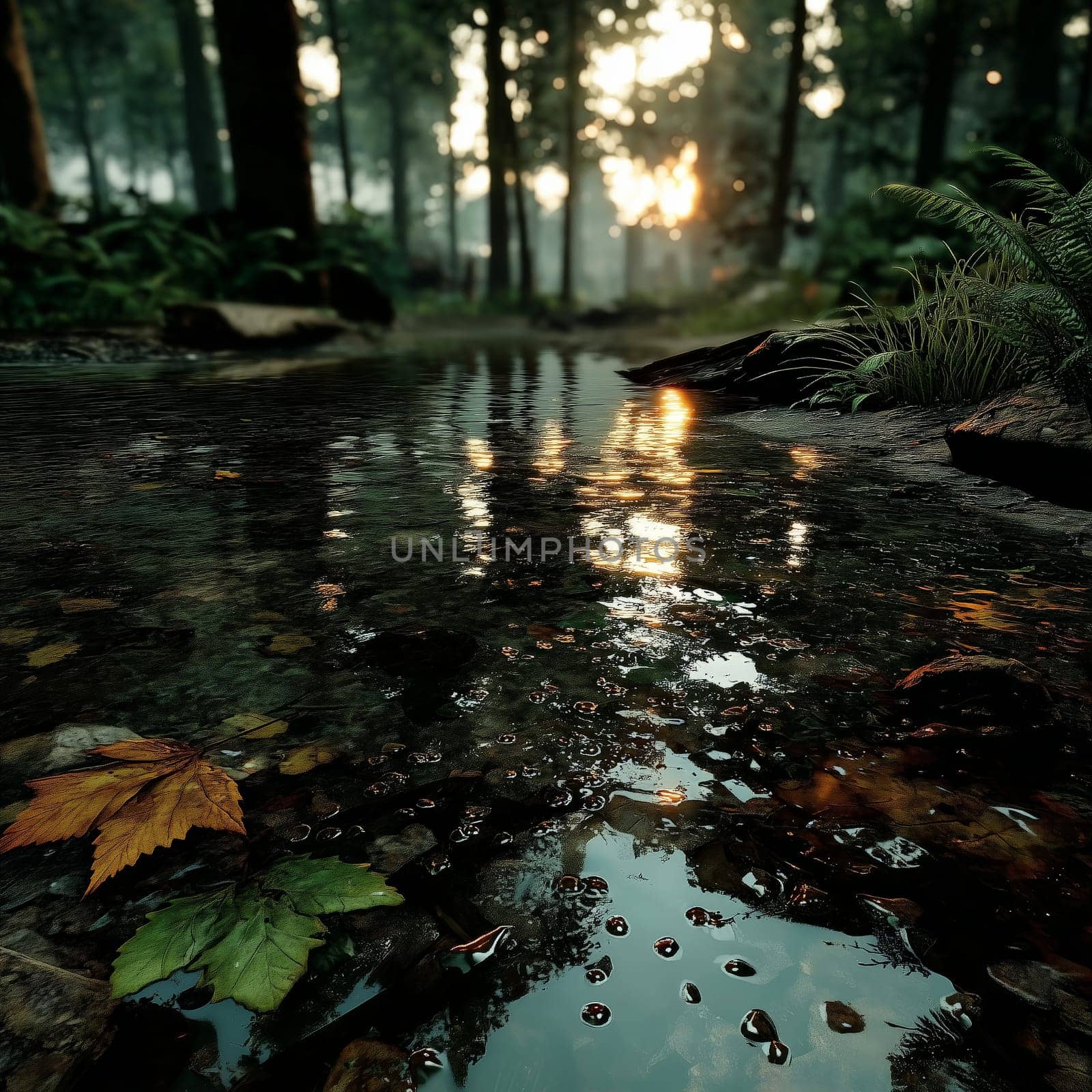 A calm forest stream reflecting the sunset, with autumn leaves and water droplets on the surface, surrounded by lush greenery and trees.