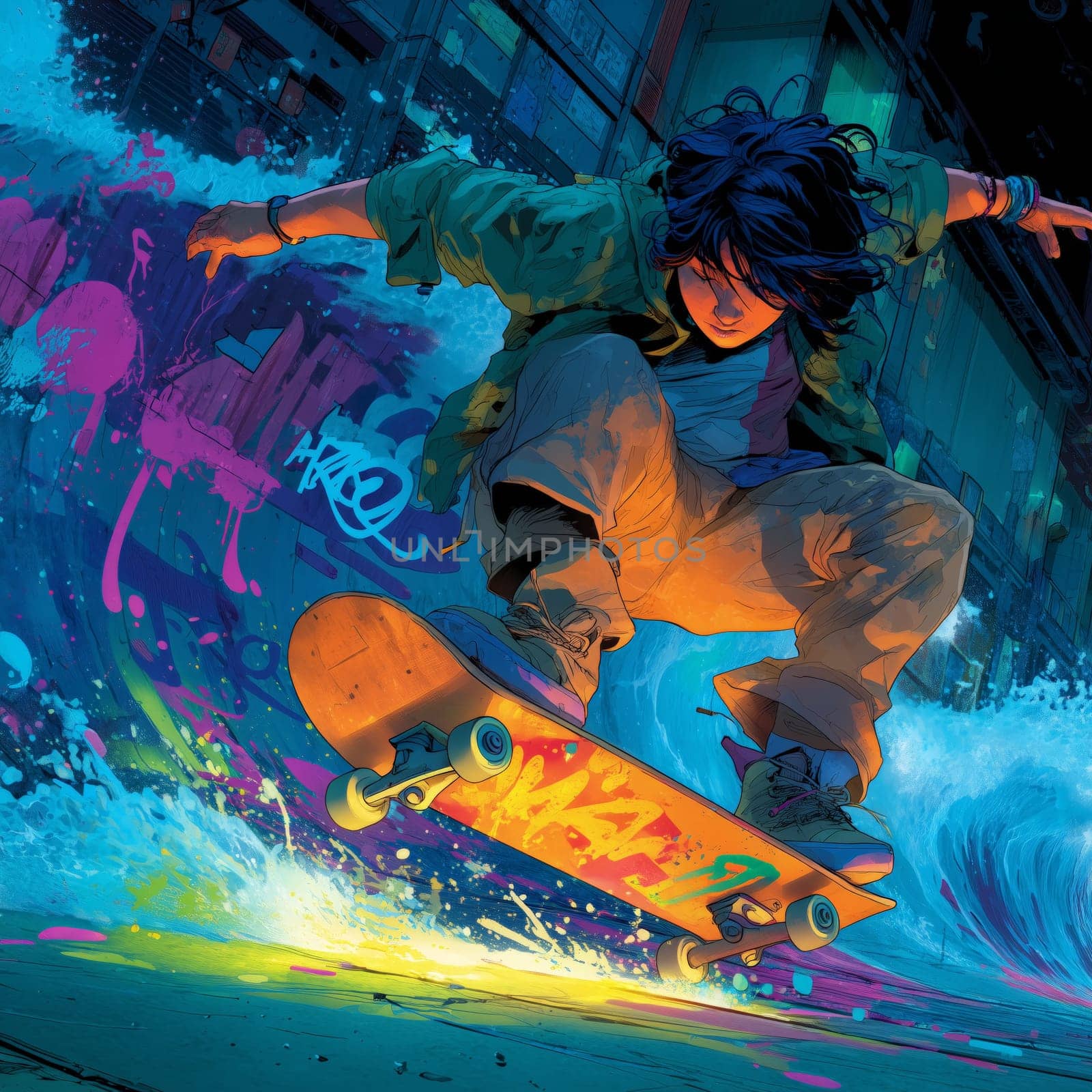 Colorful digital art of a young skateboarder mid-air in a neon-lit alley with dynamic splashes of paint and graffiti.