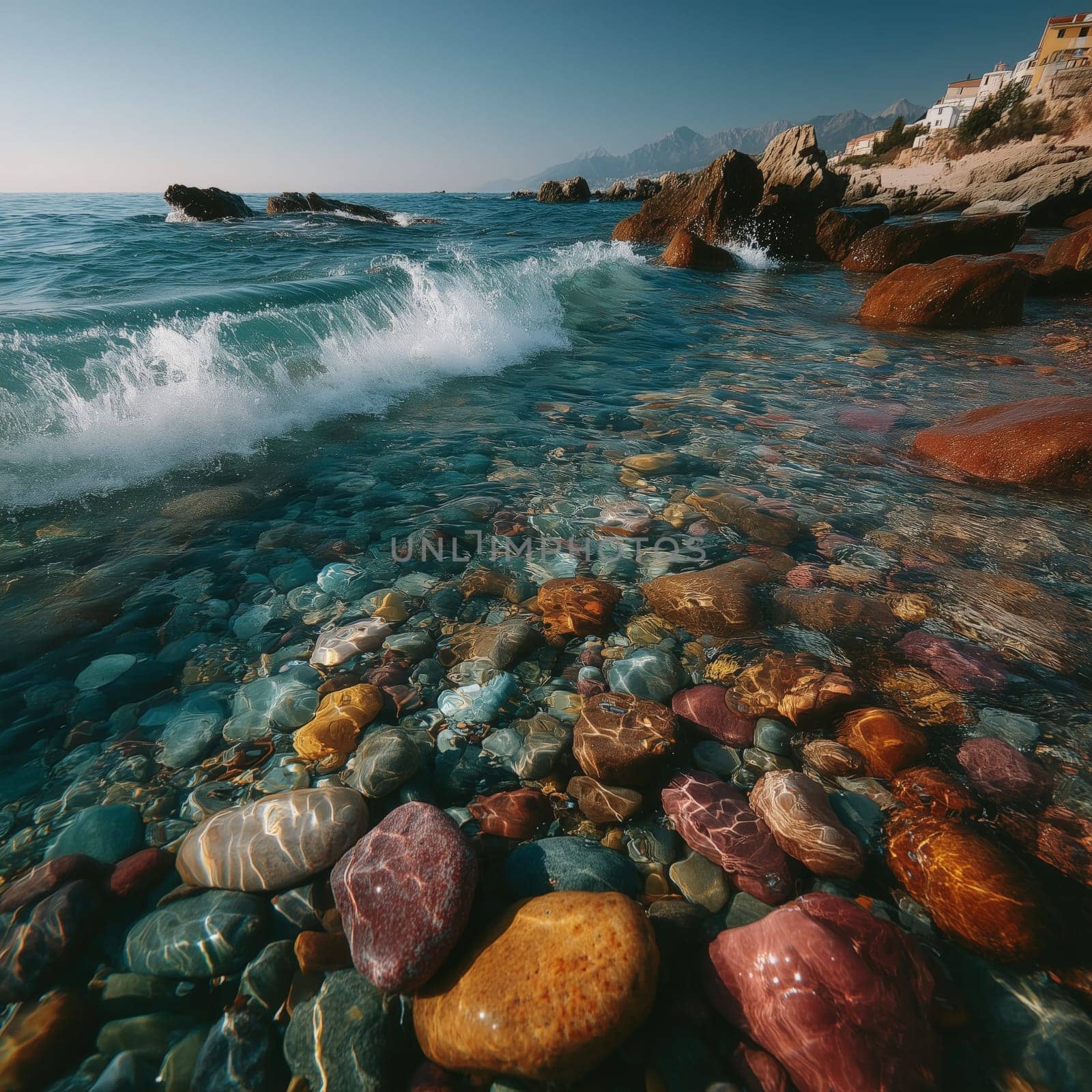 A close-up view of vibrant, colorful pebbles submerged in clear ocean water, with waves gently lapping against rocks and a mountainous coastline in the background.