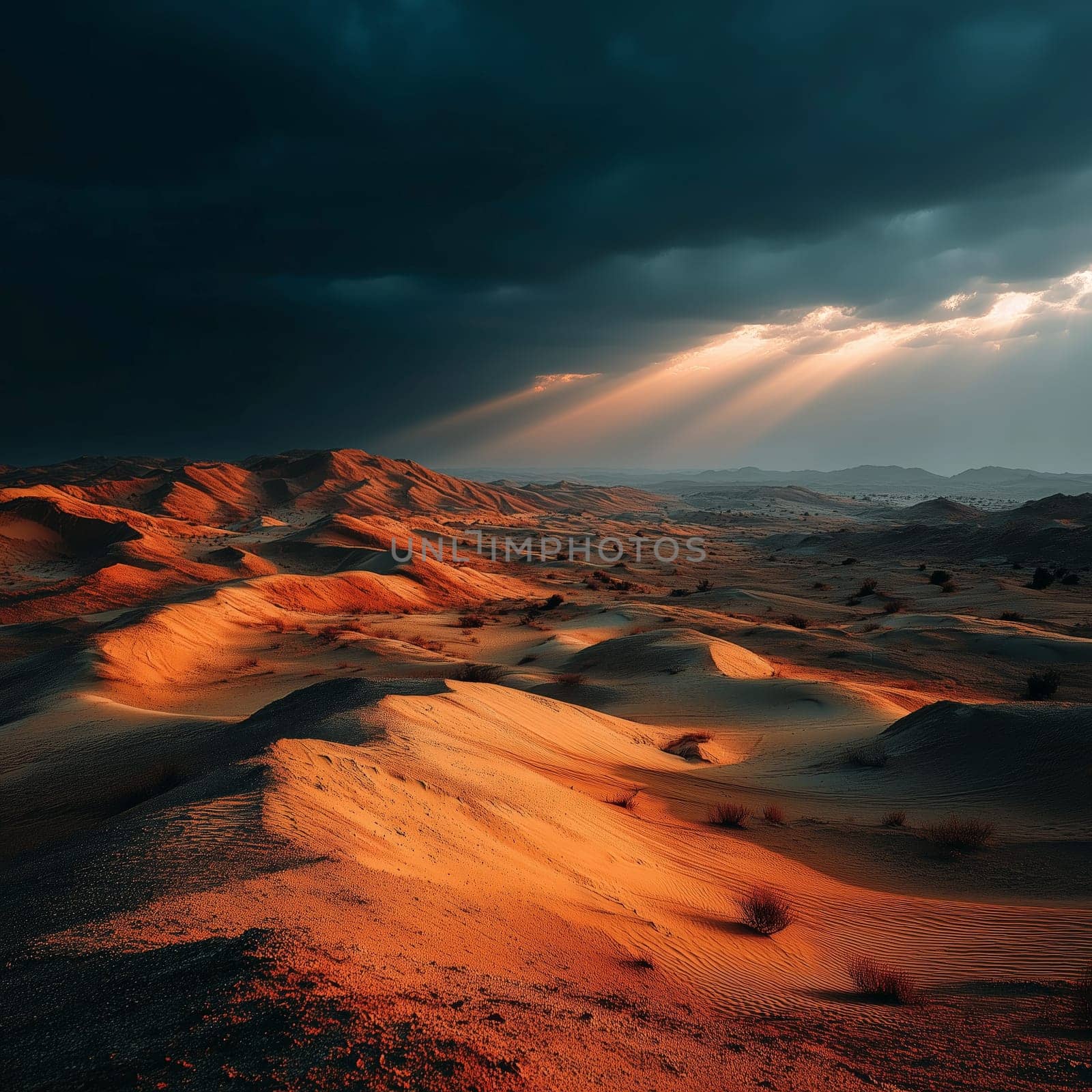Rays of sunlight break through dark storm clouds, casting golden highlights across red sand dunes in a vast desert during dusk.