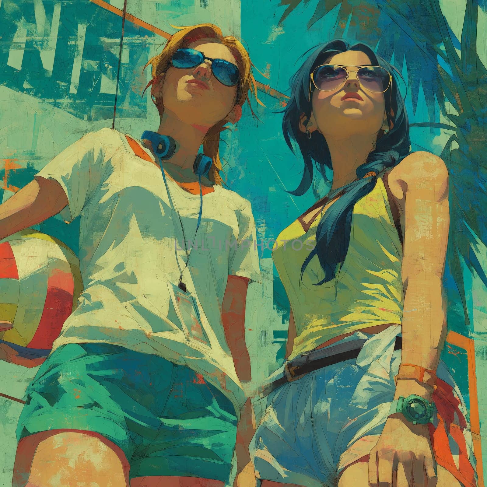 Vibrant illustration of two young women in summer outfits and sunglasses, one holding a volleyball. Confident poses under palm trees in sunny beach setting.