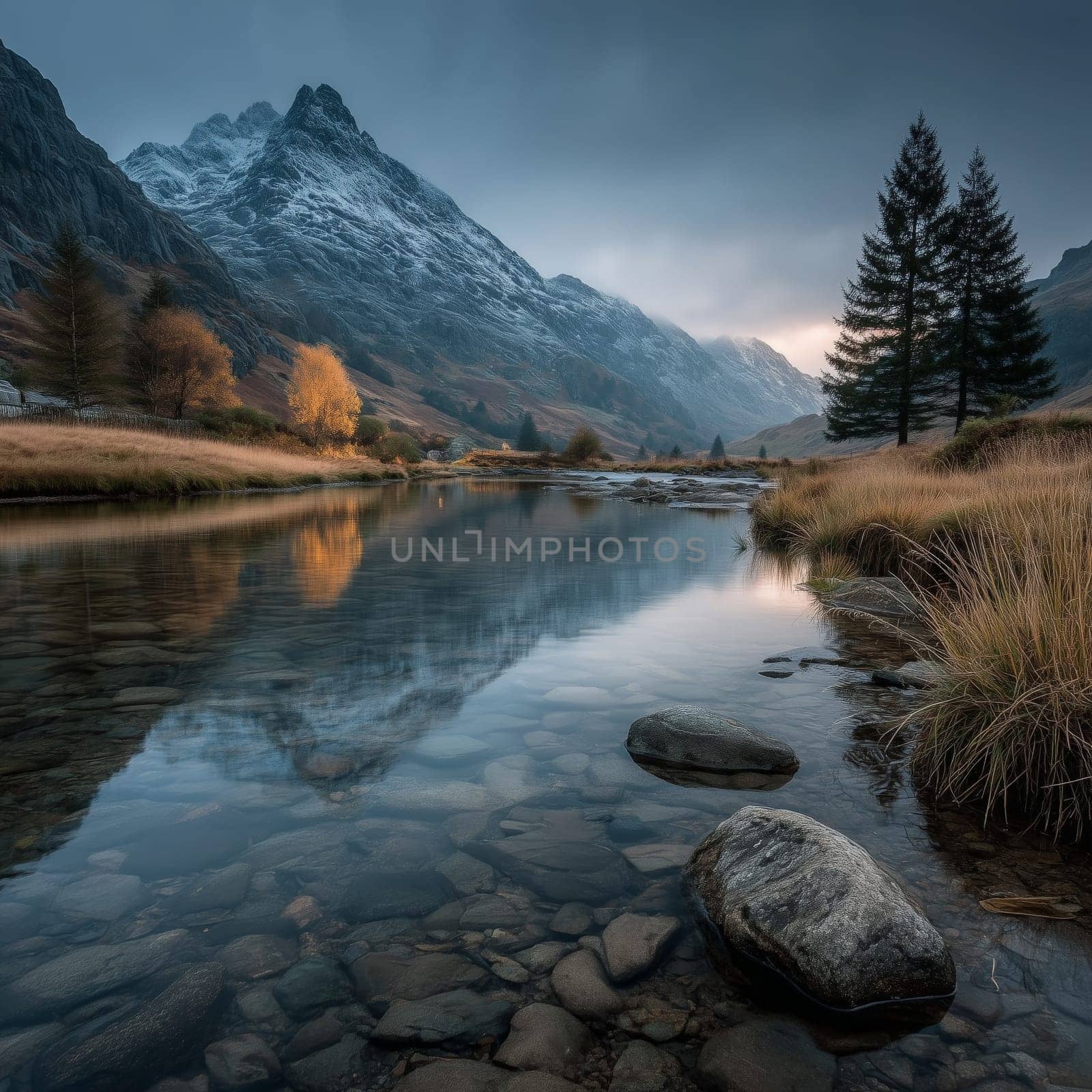 A single yellow tree stands beside a flowing mountain river, surrounded by misty hills and moody sky in a peaceful natural landscape.