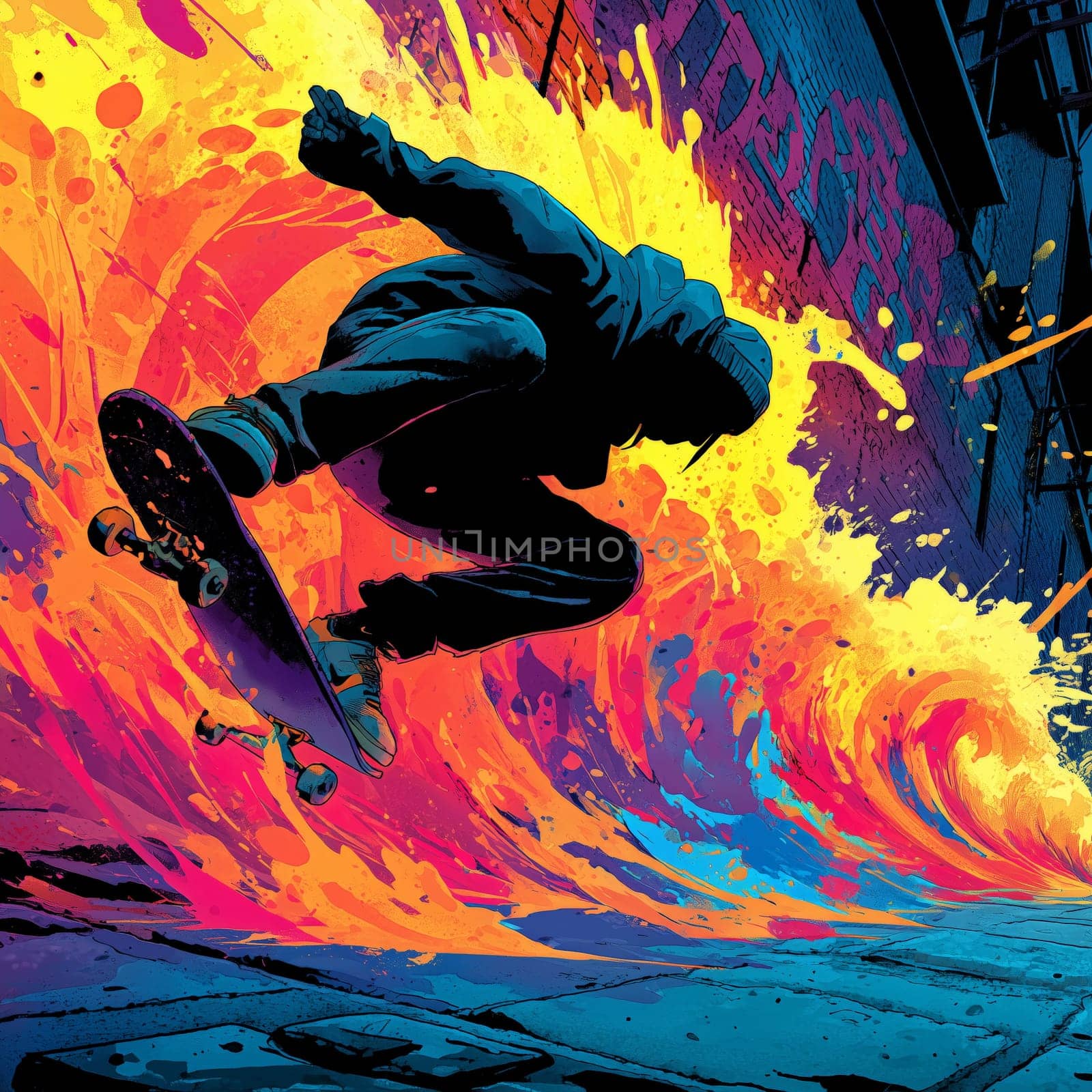 Energetic illustration of skateboarder mid-trick against a vibrant explosion of orange, yellow, and pink paint in a dark urban alley.