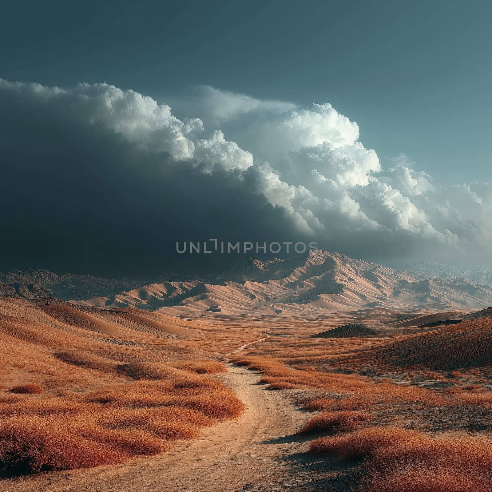 A narrow trail winds through orange desert dunes as dramatic storm clouds build overhead, casting shadows over the arid landscape.