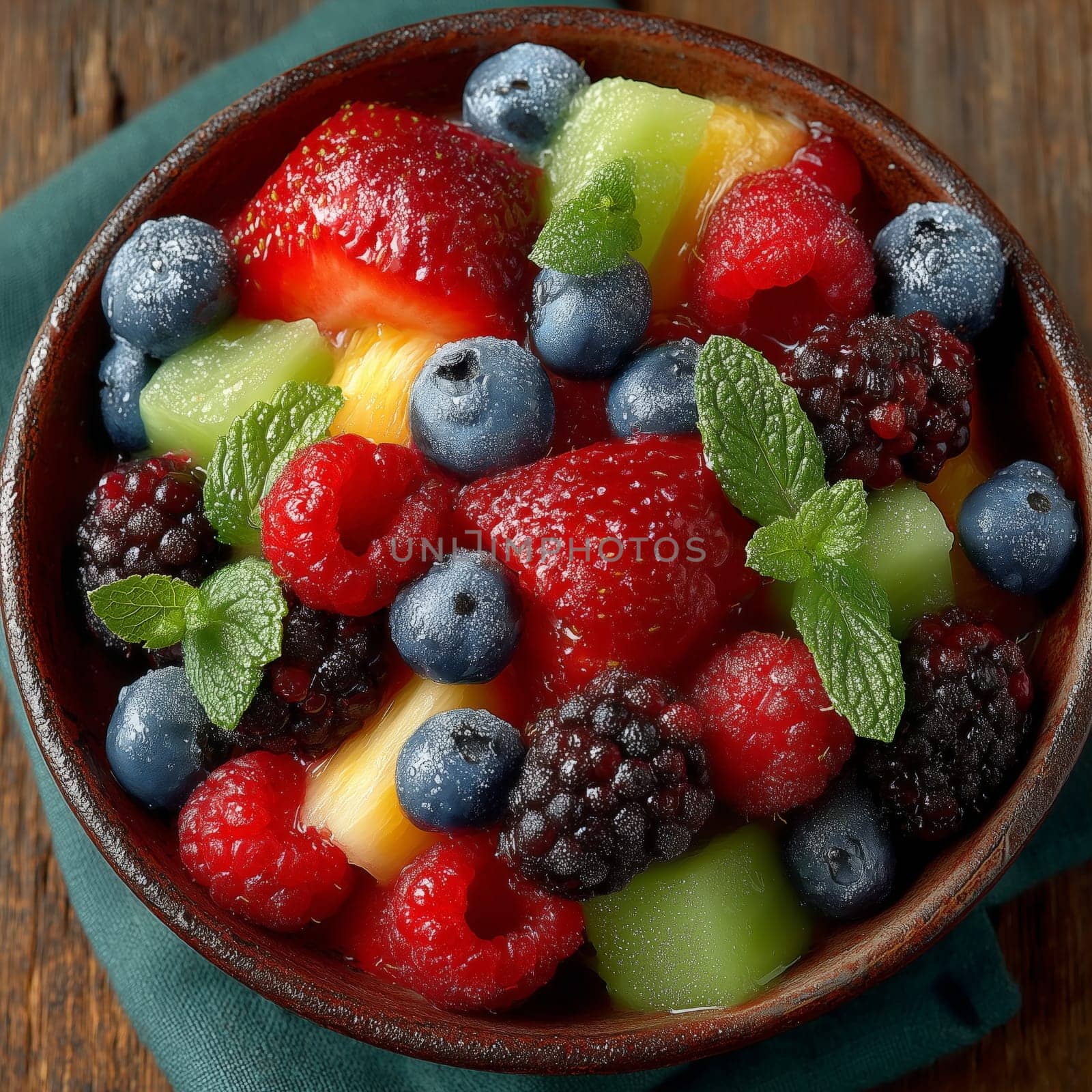 A close-up of a wooden bowl filled with fresh strawberries, blueberries, raspberries, blackberries, kiwi, and mint leaves, dusted with powdered sugar.