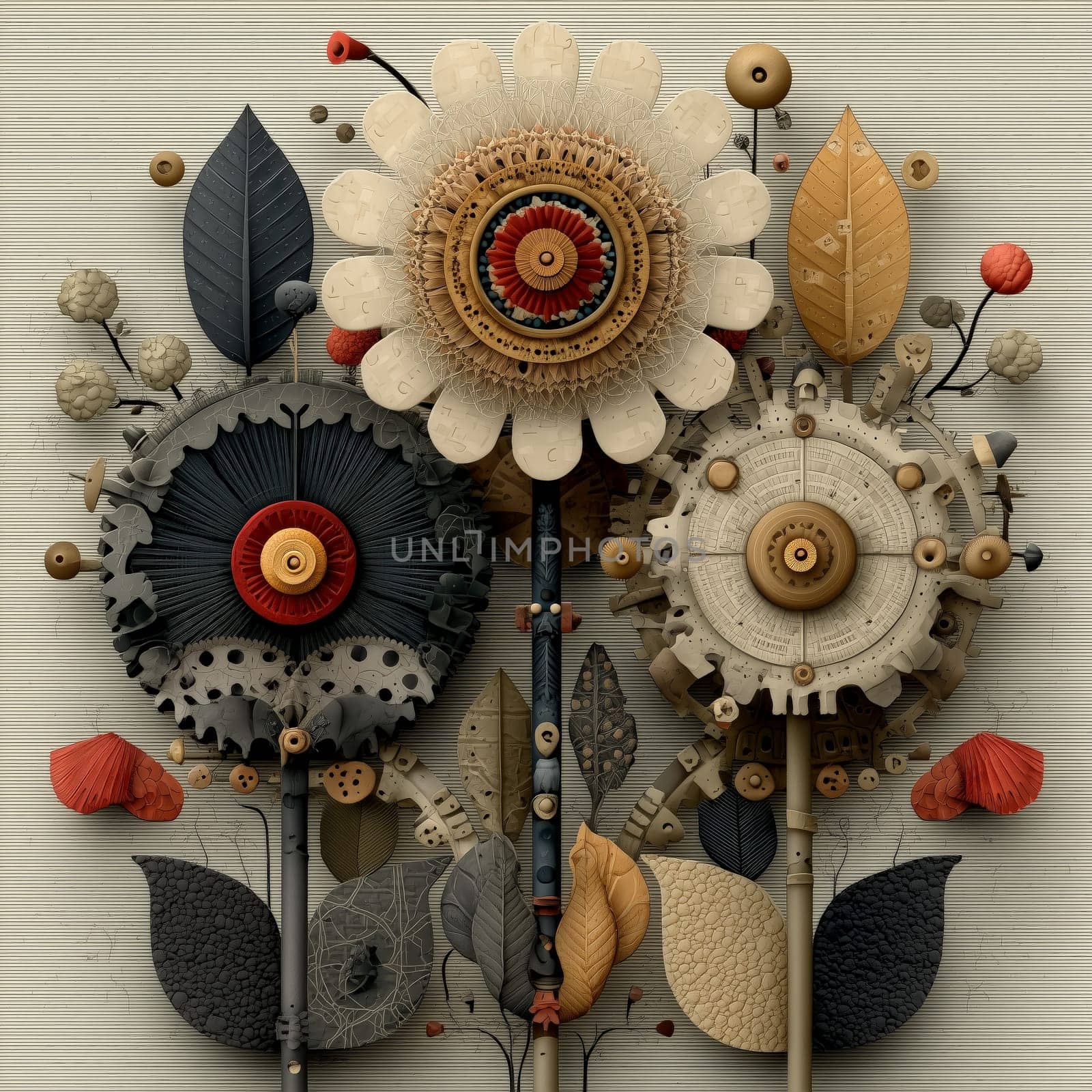 Intricate abstract flowers with mechanical gears and detailed textures, combining nature and technology in a unique digital art composition.