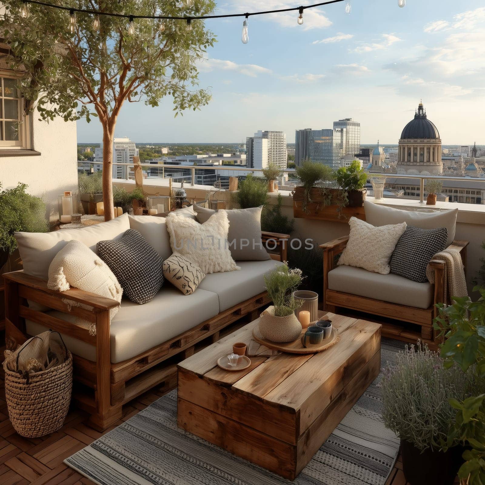 A cozy rooftop patio with wooden seating, cushions, plants, and a coffee table, offering a panoramic city view under warm, sunny skies.