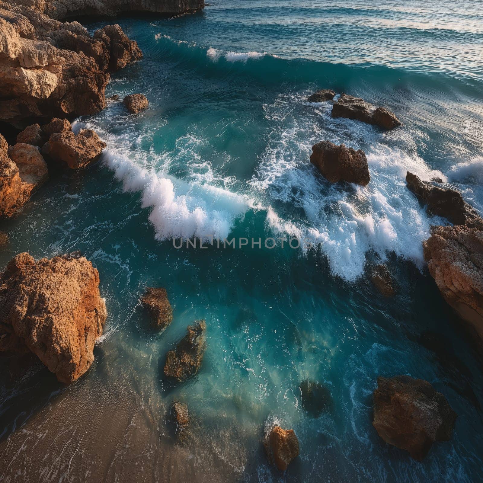 A stunning aerial view of turquoise ocean waves crashing against rocks on a rocky shore, with soft foam and golden light reflecting on the water.
