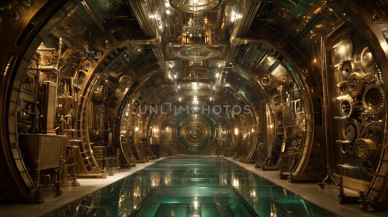 A steampunk-inspired hallway filled with golden gears, pipes, and machinery, with glowing lights reflecting off the glass floor, creating a futuristic atmosphere.