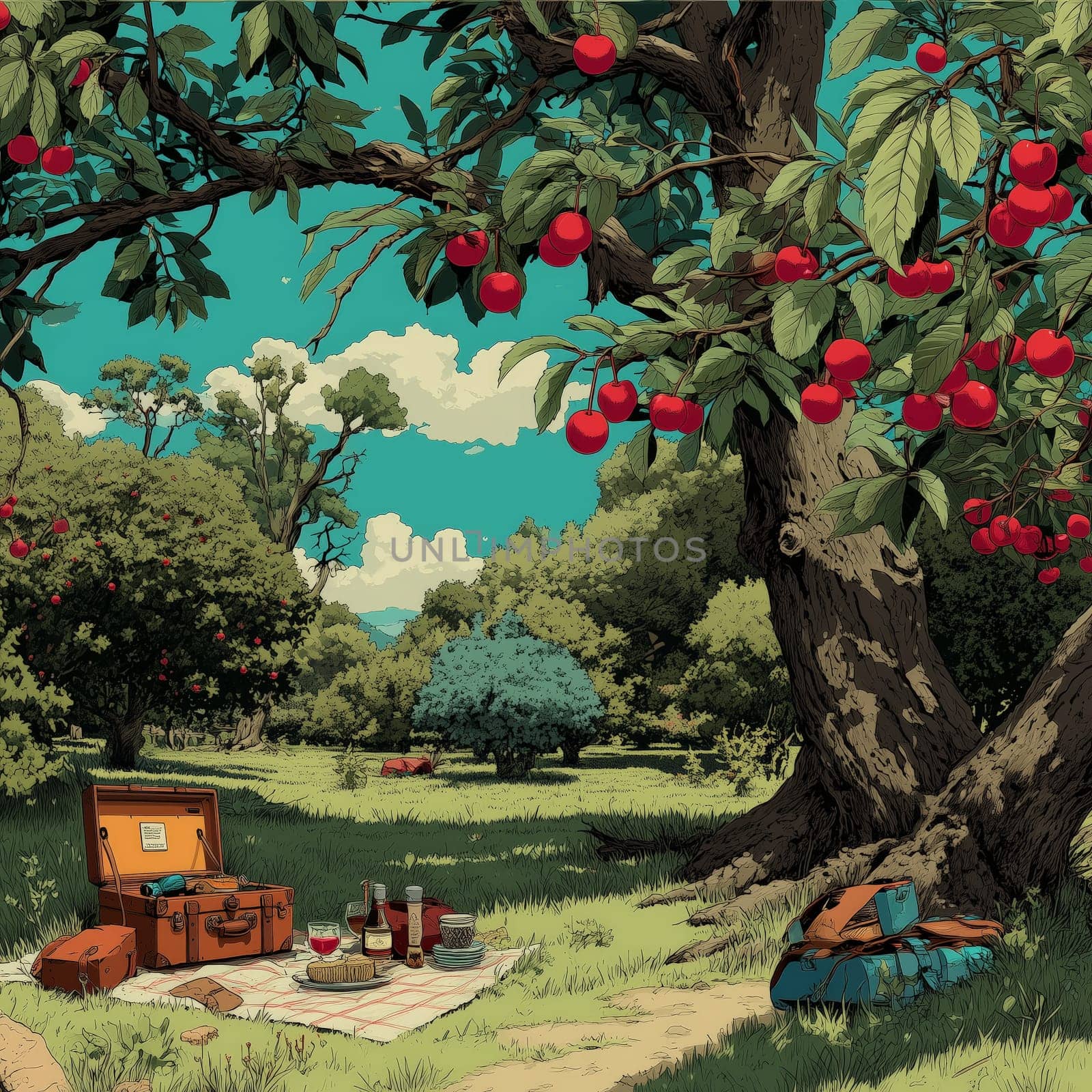 Colorful illustration of a picnic setup beneath a cherry tree with ripe fruit, surrounded by lush green trees, grass, and blue sky.