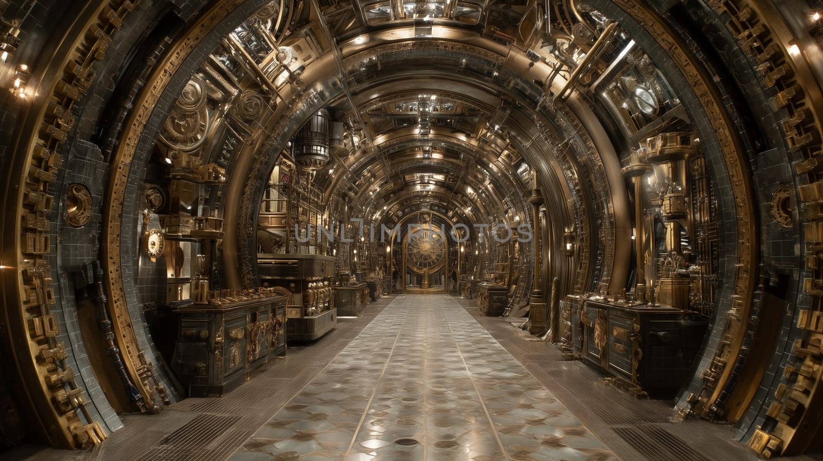 A stunning steampunk-inspired corridor filled with gears, machinery, and gold accents, featuring a large clock at the end and polished metal details.