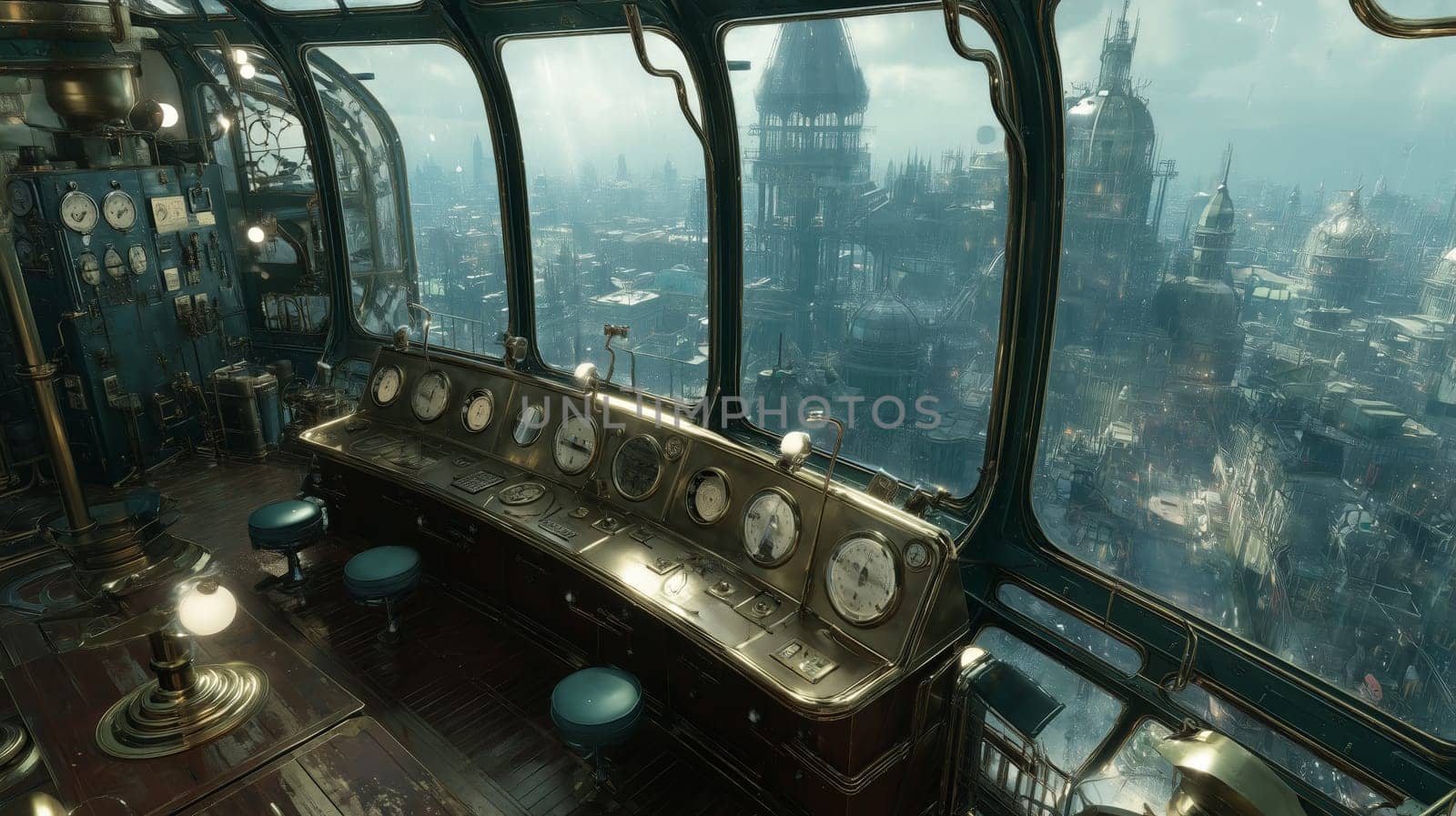 A detailed steampunk control room with dials, gauges, and an intricate view of a futuristic cityscape through large glass windows.
