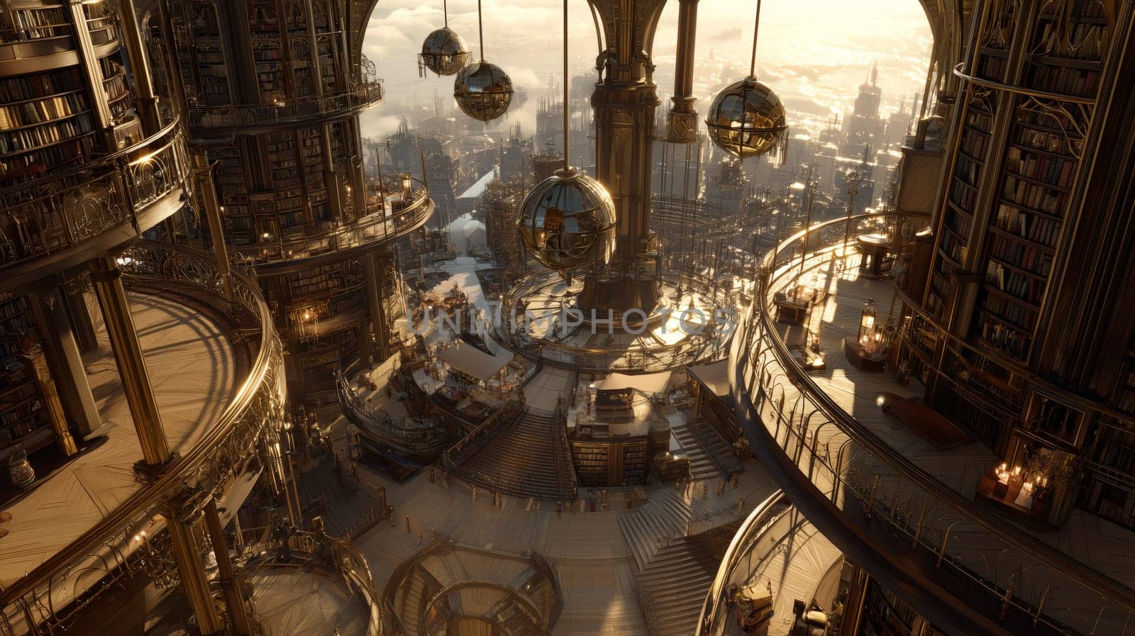 A grand steampunk library featuring golden spheres, spiral staircases, and large bookshelves, illuminated by warm sunlight in a futuristic setting.