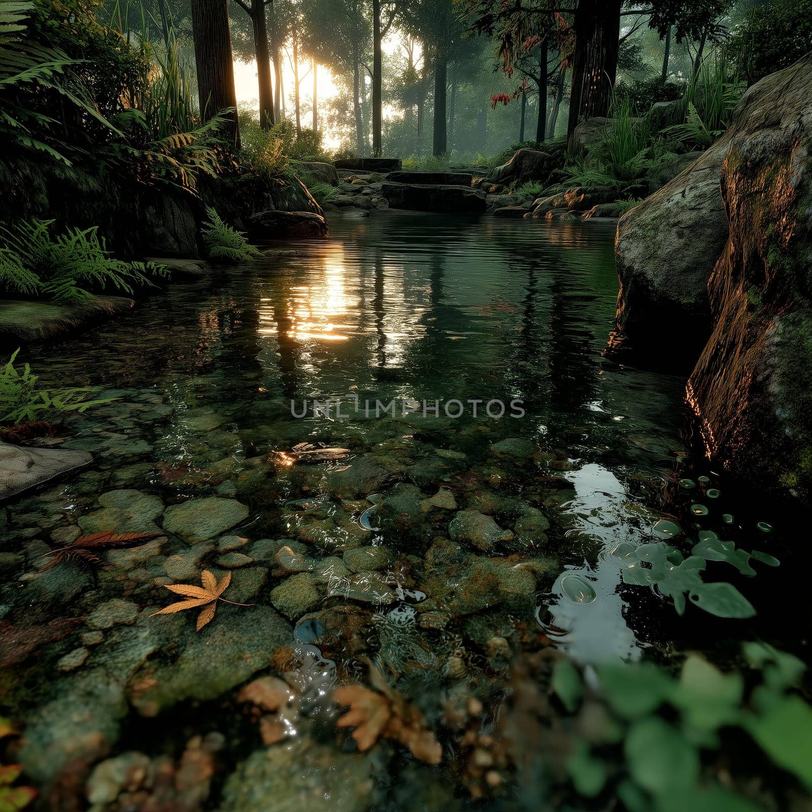 A tranquil forest stream with autumn leaves floating on the water, sunlight reflecting off the surface, surrounded by lush greenery and rocks.