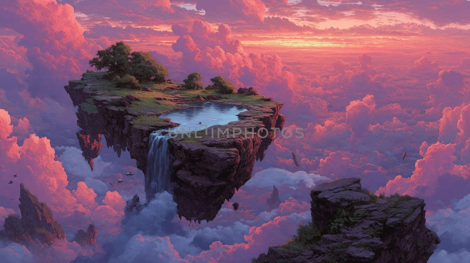 A stunning floating island with a waterfall, a serene pool, and lush trees, surrounded by vibrant pink and purple clouds at sunset.