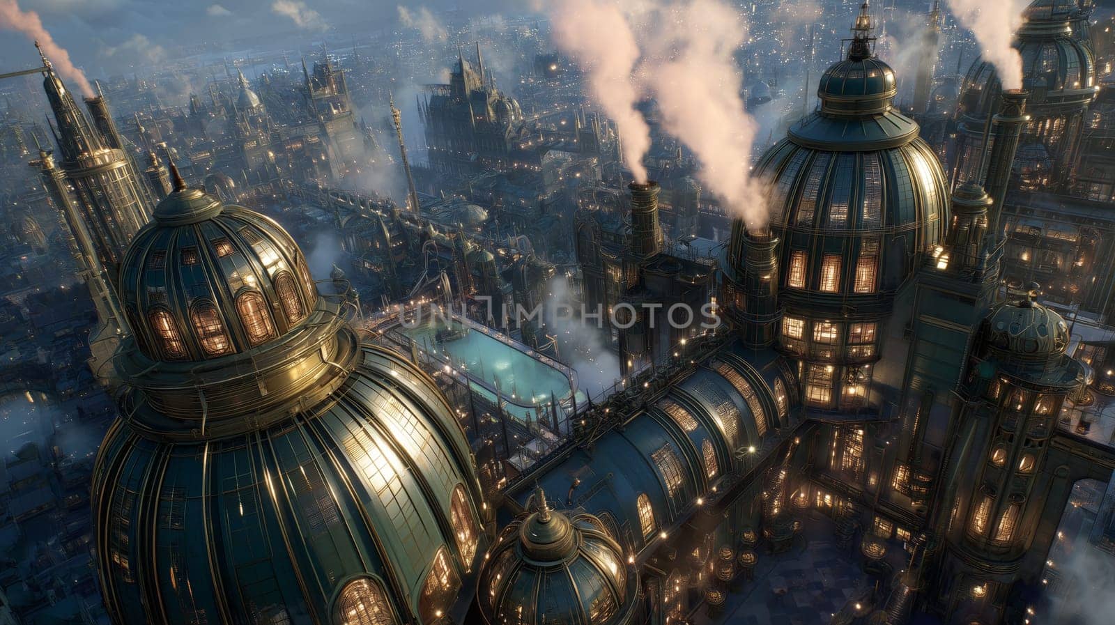 Atmospheric fantasy city with illuminated domes, smokestacks, bridges, and intricate architecture in a moody, steampunk-inspired setting.