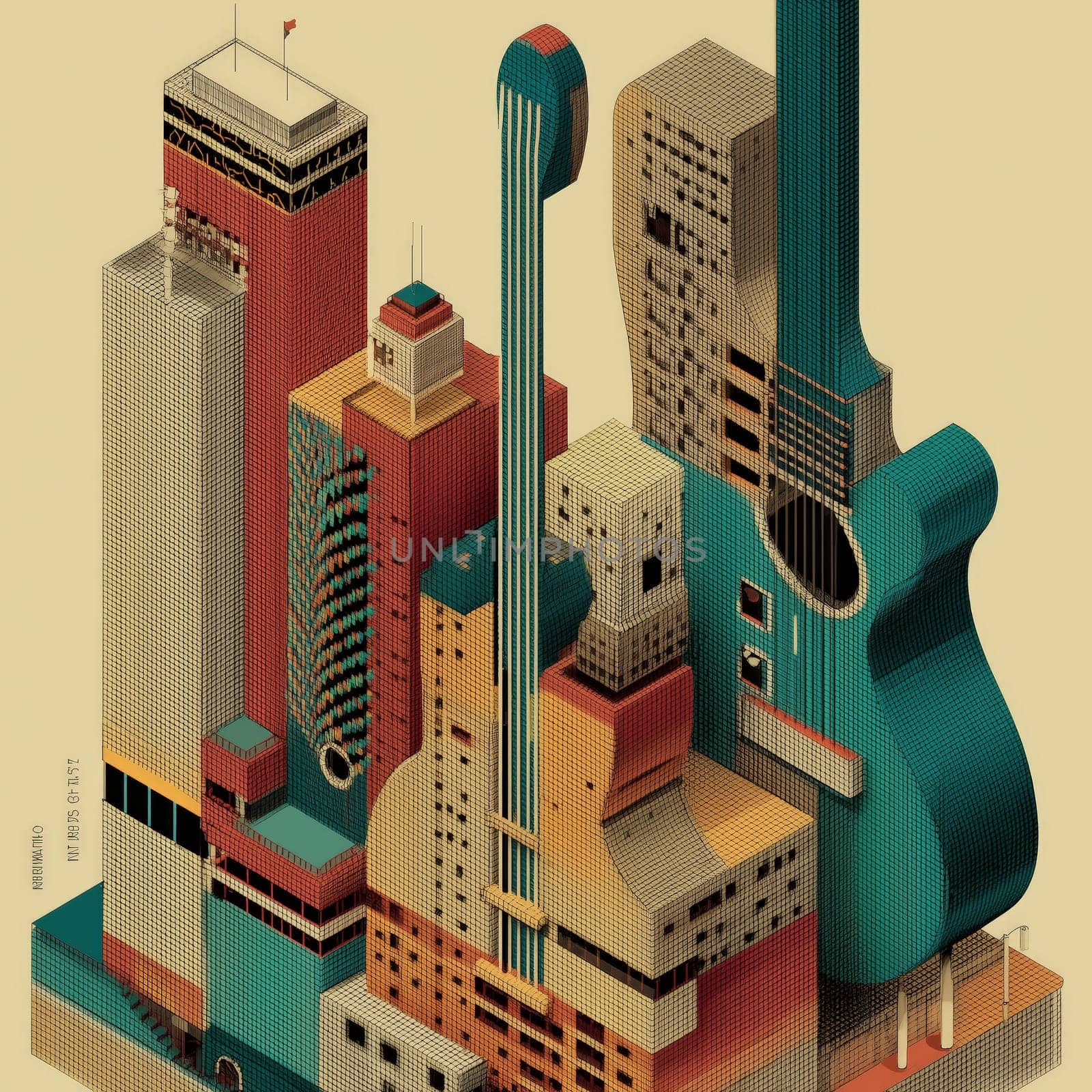 Creative isometric illustration of a colorful cityscape where skyscrapers are designed as guitars and musical instruments.