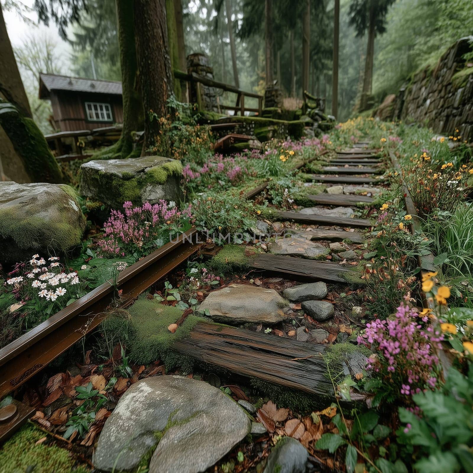 Old, broken railway tracks overgrown with moss, stones, and colorful wildflowers in a misty forest with a wooden cabin in the background.