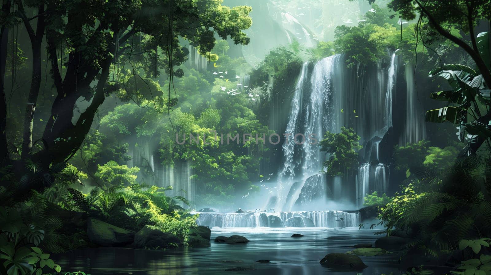 Majestic waterfall cascades into a calm jungle pool, with mist, lush greenery, and flying birds creating a serene tropical rainforest atmosphere.