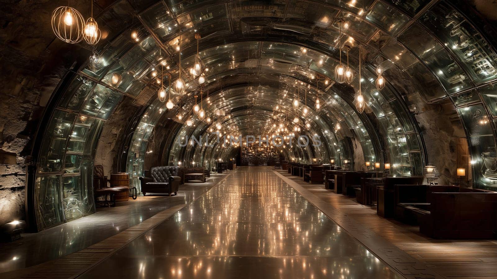 Luxurious tunnel interior with reflective glass walls, warm pendant lighting, and cozy seating areas. Stylish futuristic design with lounge ambiance.