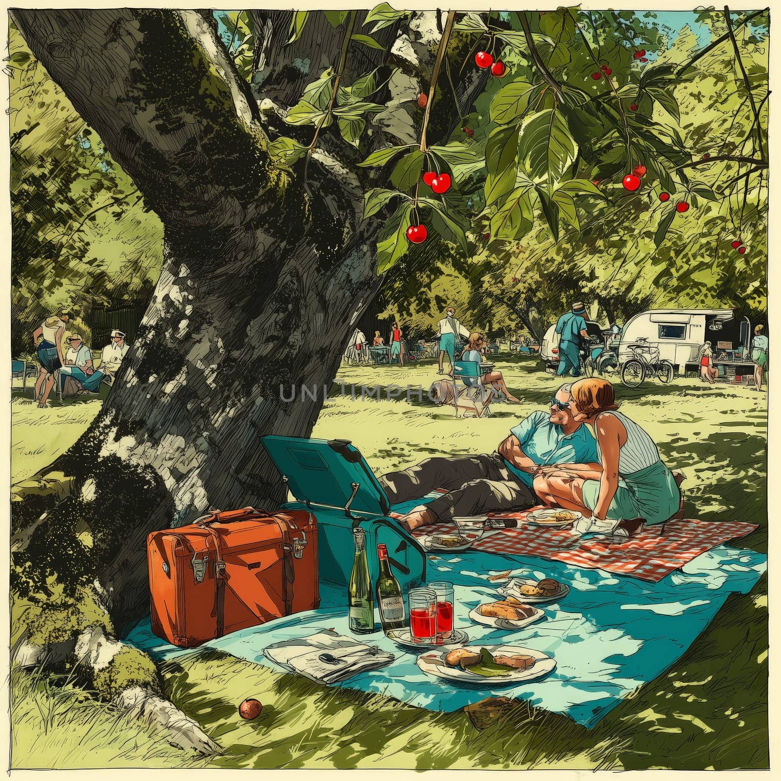 Colorful illustration of a couple relaxing on a picnic blanket with food and drinks under a cherry tree in a lively campground setting.