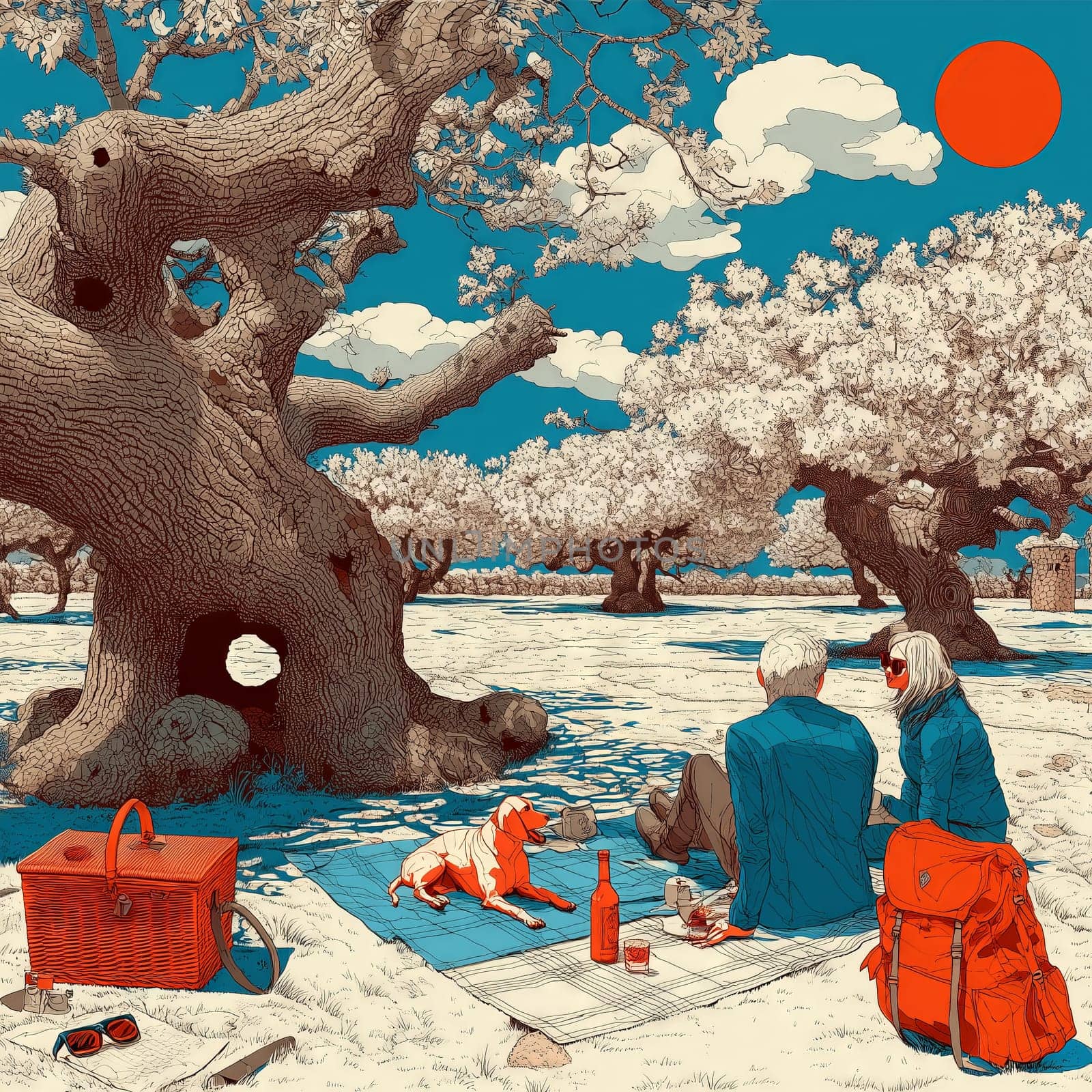 Artistic illustration of a couple and their dog enjoying a picnic under gnarled trees, with a red sun and vivid color palette in a surreal landscape.
