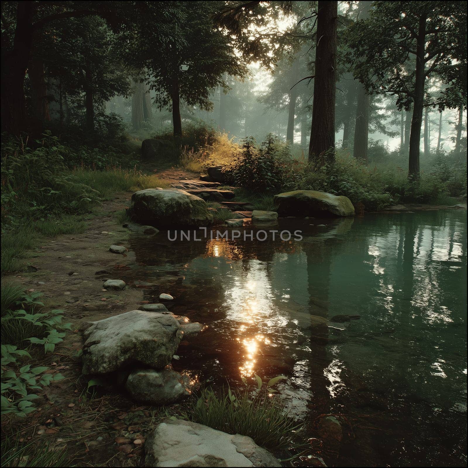 A serene forest scene with a quiet stream, moss-covered rocks, and soft sunlight reflecting on the water, creating a peaceful atmosphere.