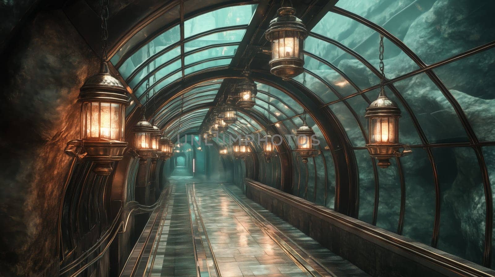 Atmospheric glass tunnel under the sea with hanging lanterns and metallic structure, blending steampunk and sci-fi design in a mysterious setting.