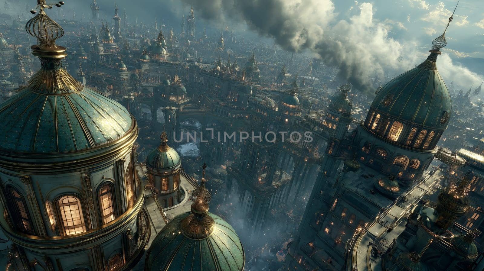 Vast fantasy city with ornate domes, golden accents, elevated walkways, and atmospheric clouds in a surreal steampunk-like architectural style.