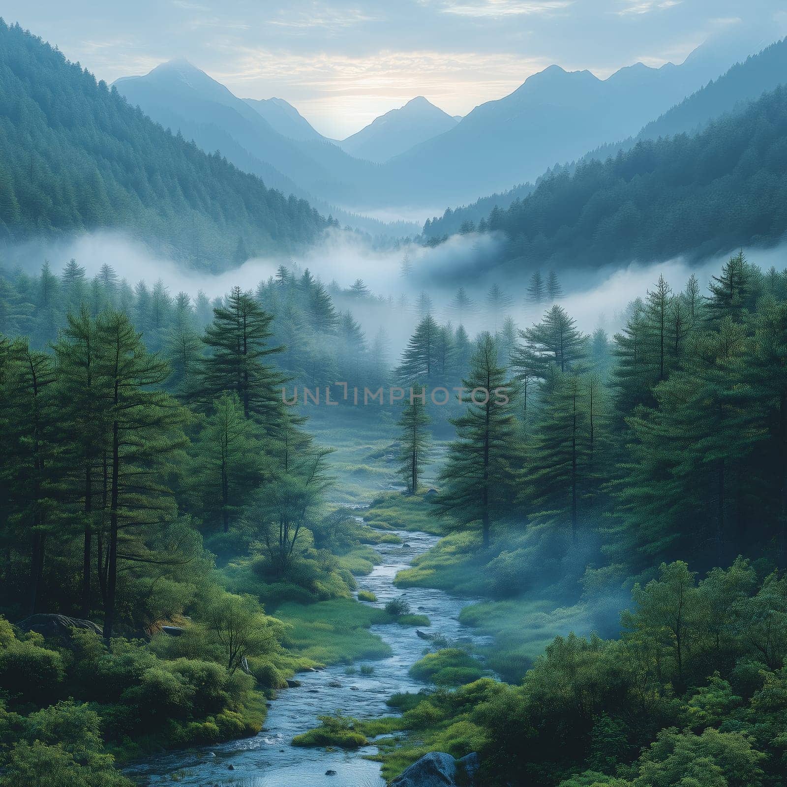 Lush green forest and a clear river winding through a misty mountain valley at dawn, surrounded by peaks and soft morning fog.