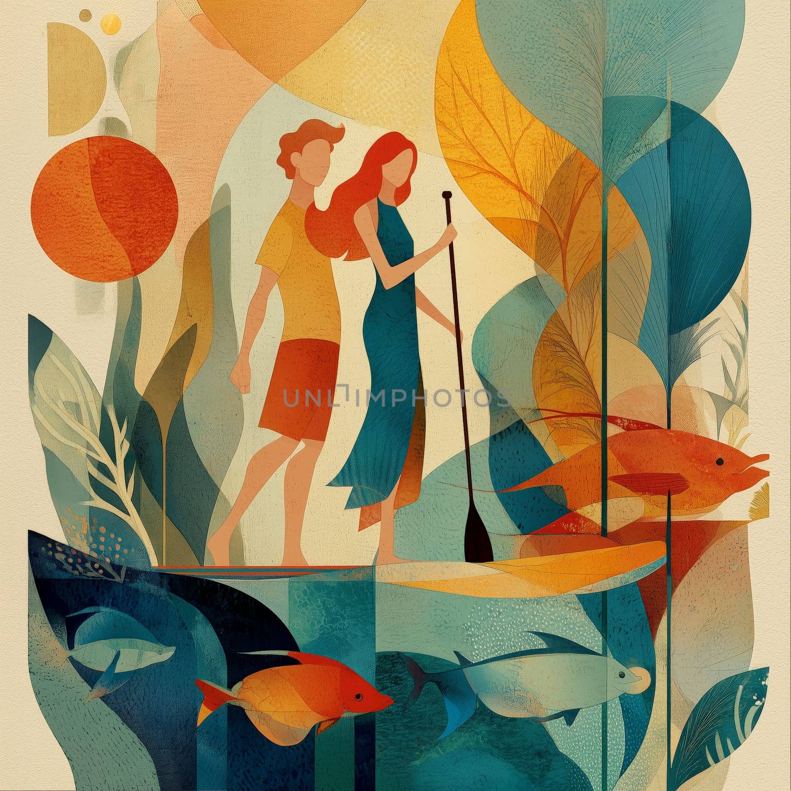 Colorful abstract illustration of a couple paddleboarding among large fish, leaves, and artistic underwater elements.