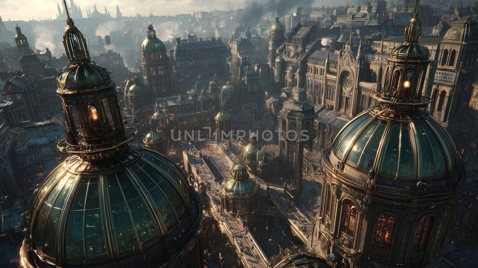 Elaborate fantasy cityscape featuring golden domes, intricate towers, and raised walkways with a warm sunset glow and industrial steampunk elements.